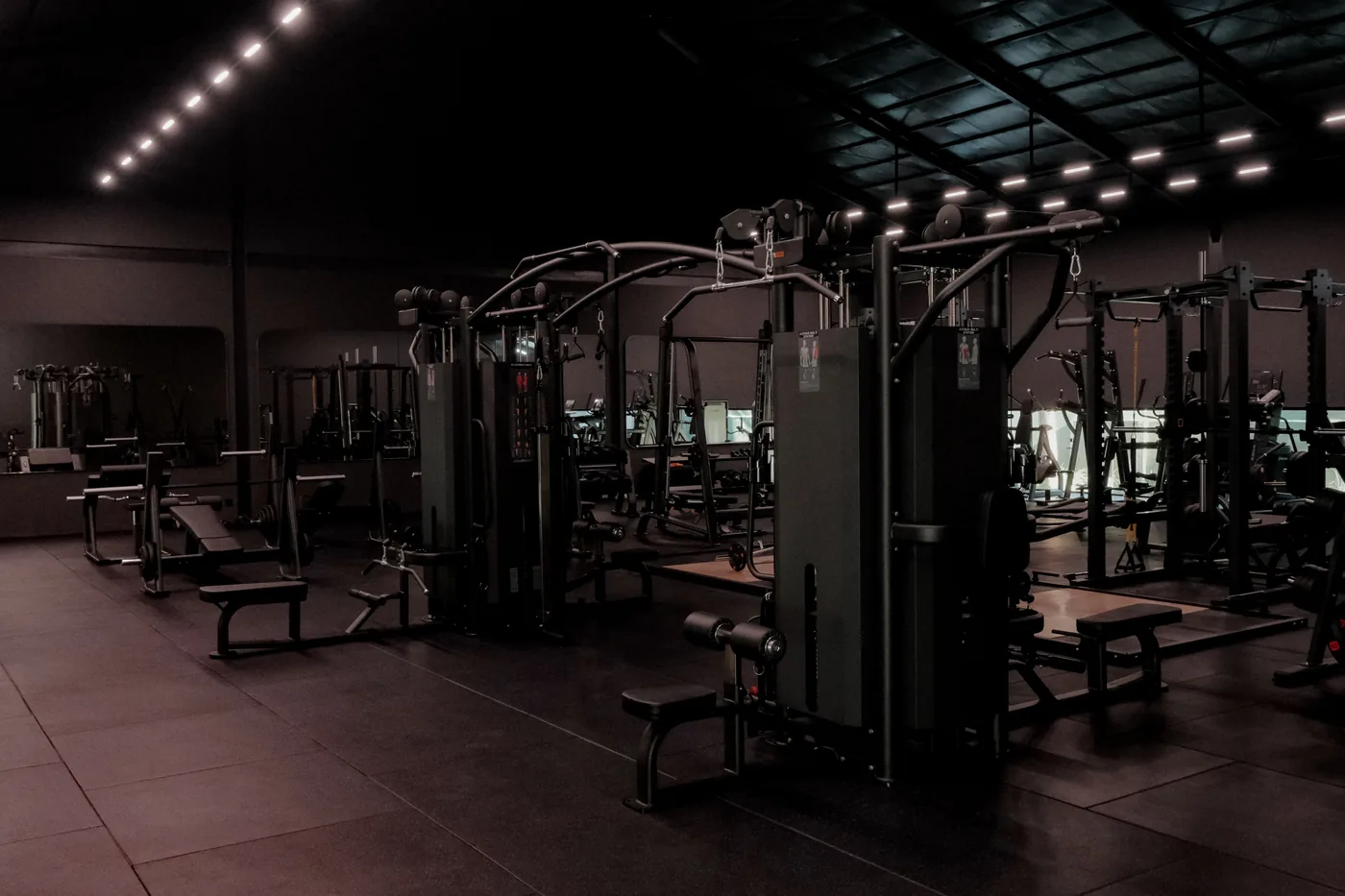 The training floor at ASAI GYM — machines and free weights under linear light